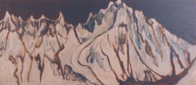 Mont Blanc ja Chamonix, Sveitsin Alpit, 81x185 cm, öljyväri, yksityisomistuksessa